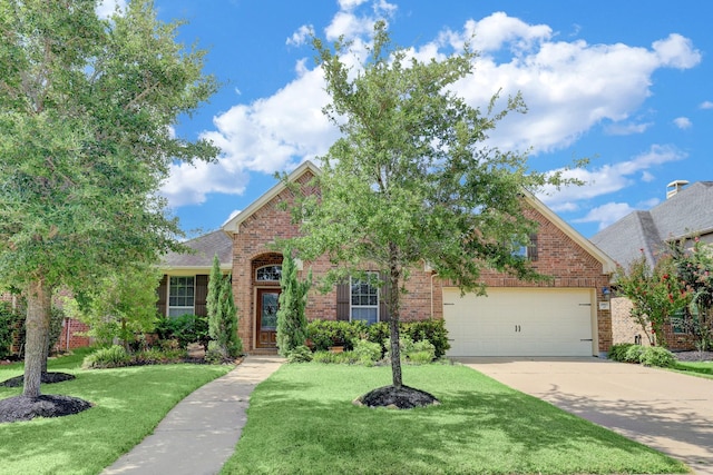 front facade featuring a garage and a front lawn