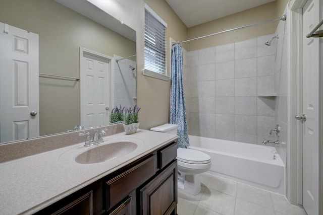 full bathroom with vanity, shower / bath combo, tile patterned floors, and toilet