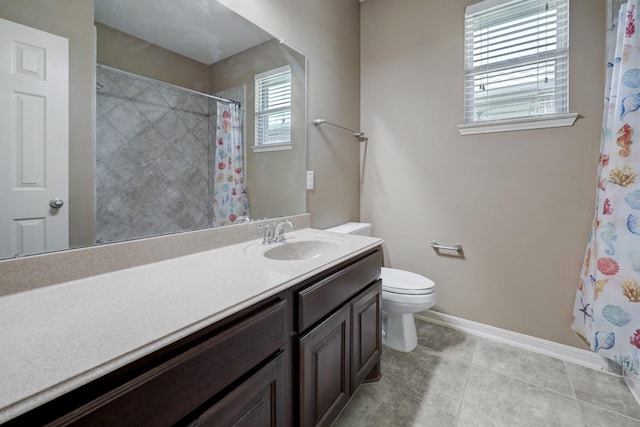 bathroom featuring a shower with curtain, vanity, toilet, and tile patterned flooring