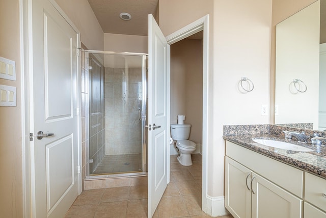 bathroom with tile patterned flooring, vanity, toilet, and walk in shower