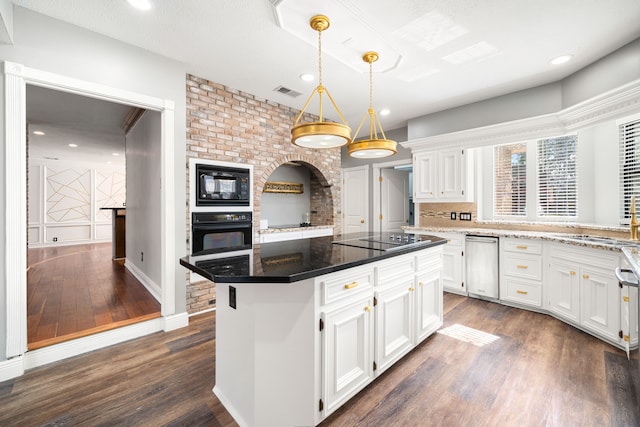 kitchen with white cabinetry, a center island, dark hardwood / wood-style floors, pendant lighting, and black appliances