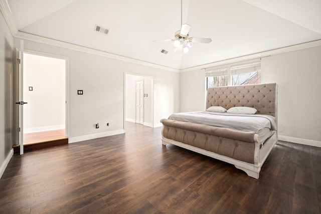 bedroom with crown molding, lofted ceiling, dark wood-type flooring, and ceiling fan