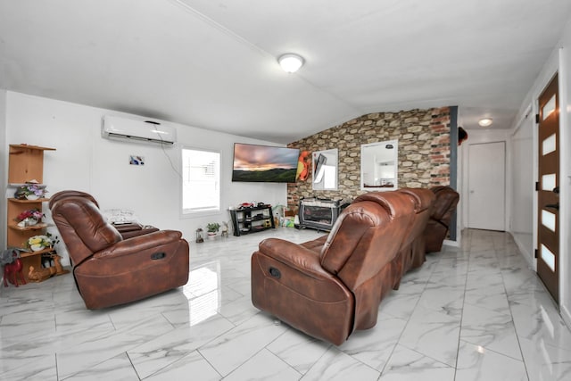 living room with vaulted ceiling and a wall mounted AC