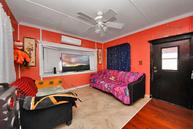 living room featuring ornamental molding, a wall unit AC, and ceiling fan