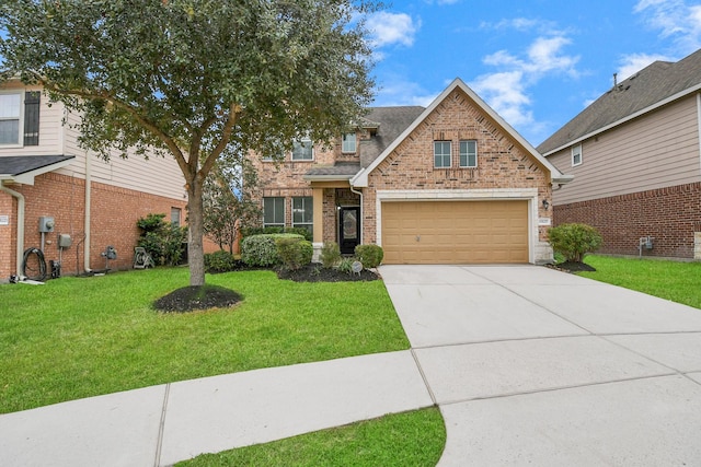 view of front of house featuring a garage and a front lawn