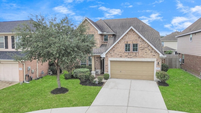 view of front of property with a garage and a front lawn