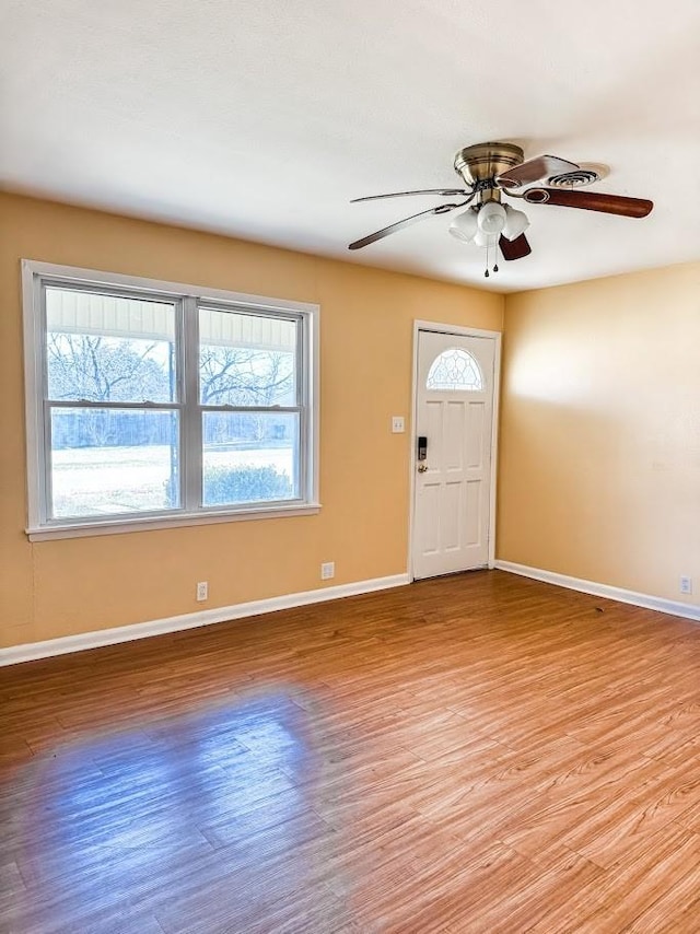 foyer featuring light hardwood / wood-style flooring, a wealth of natural light, and ceiling fan