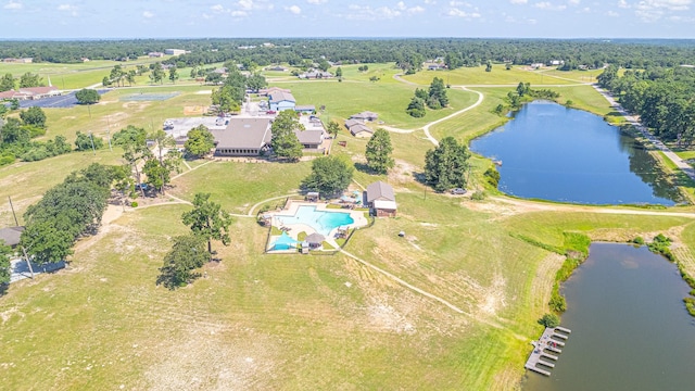 birds eye view of property featuring a water view and a rural view