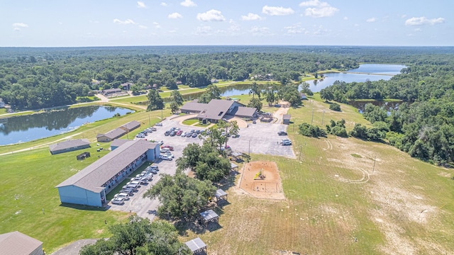 birds eye view of property with a forest view and a water view