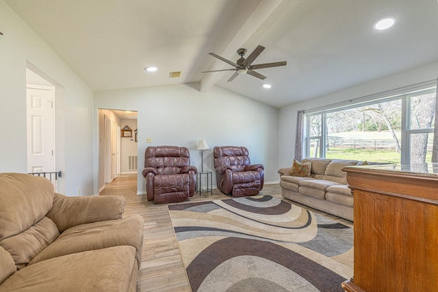 living room featuring light wood-style floors, recessed lighting, visible vents, and lofted ceiling with beams