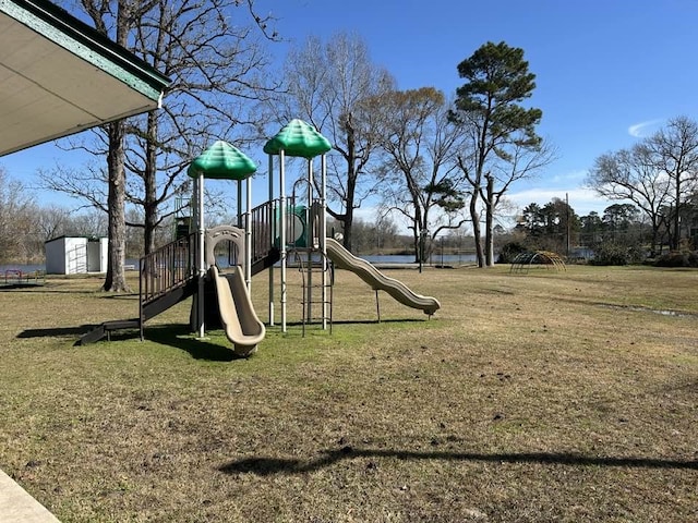 view of jungle gym with a yard