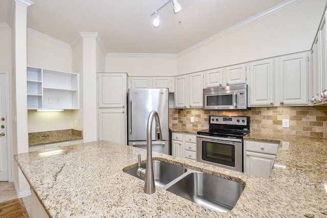 kitchen with crown molding, appliances with stainless steel finishes, light stone counters, and a sink
