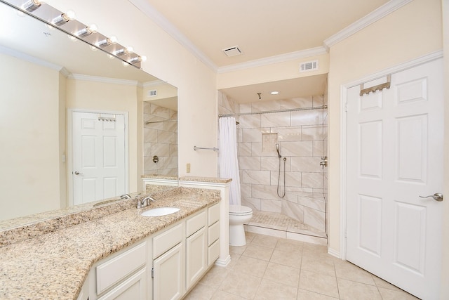 bathroom with ornamental molding, vanity, toilet, tile patterned floors, and a shower with curtain