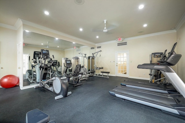 workout area featuring ornamental molding and ceiling fan