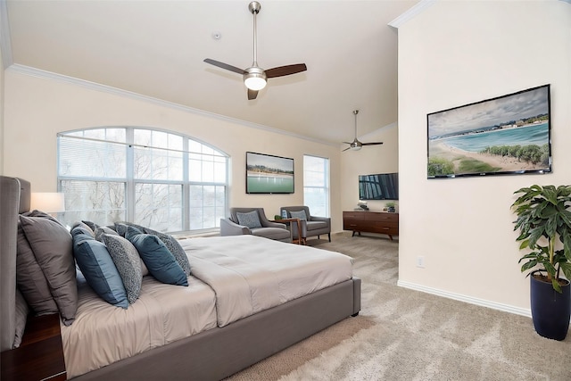 carpeted bedroom with high vaulted ceiling, crown molding, baseboards, and ceiling fan