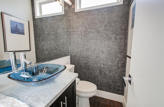 bathroom with a wealth of natural light, vanity, toilet, and wood finished floors