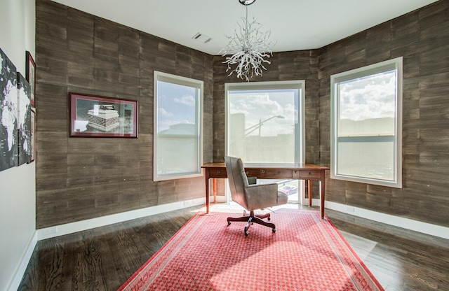 office with a notable chandelier, visible vents, baseboards, and dark wood-style flooring