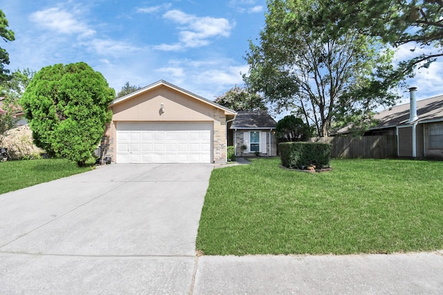 ranch-style home featuring a garage and a front lawn