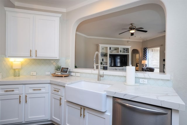 kitchen featuring white cabinetry, sink, crown molding, and dishwasher