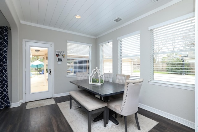 dining room with crown molding, wooden ceiling, and dark hardwood / wood-style floors