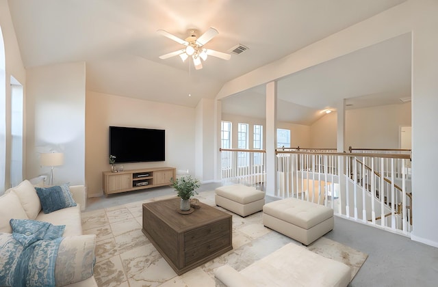 1408 S Friendswood Dr Unit 101, Friendswood, TX 77546 - living room with lofted ceiling, ceiling fan, and baseboards