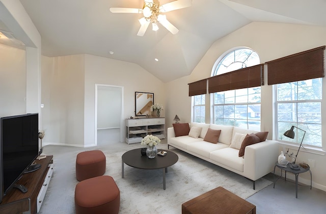 1408 S Friendswood Dr Unit 101, Friendswood, TX 77546 - carpeted living room featuring lofted ceiling, ceiling fan, and baseboards