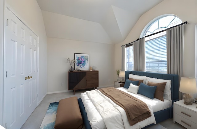 1408 S Friendswood Dr Unit 101, Friendswood, TX 77546 - bedroom featuring vaulted ceiling, light colored carpet, and baseboards