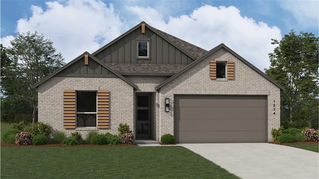 craftsman-style house featuring driveway, board and batten siding, an attached garage, a front yard, and a shingled roof