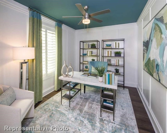 home office featuring wood finished floors, baseboards, and a ceiling fan