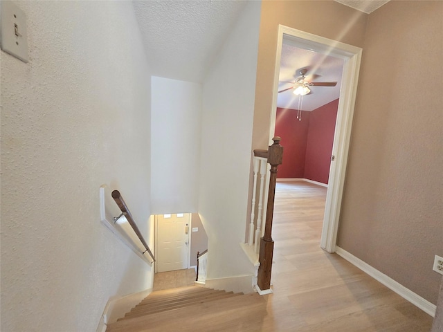 staircase with wood-type flooring and a textured ceiling