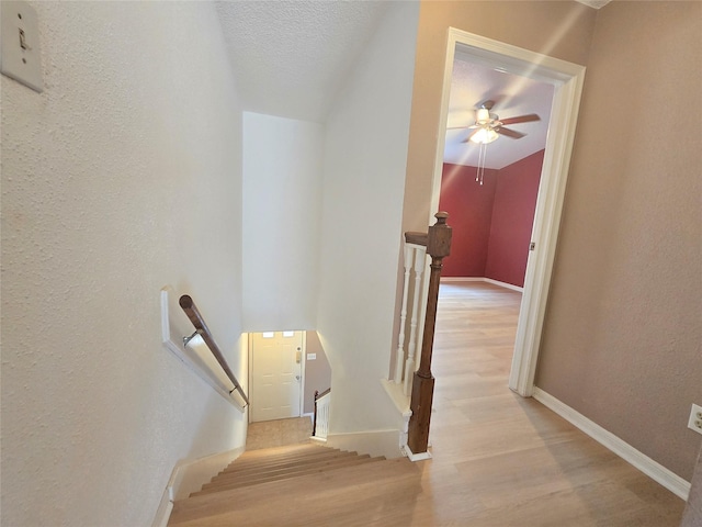 staircase with wood-type flooring and a textured ceiling