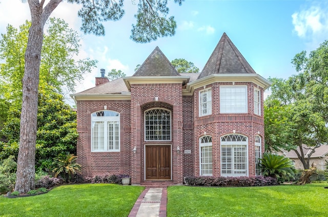 view of front of home with a front yard, brick siding, and a chimney