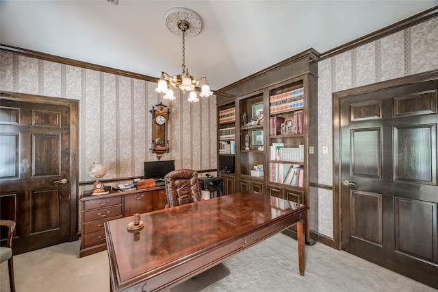 office space with an inviting chandelier, light colored carpet, and wallpapered walls