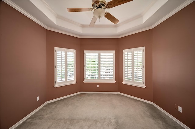 unfurnished room with a healthy amount of sunlight, baseboards, and a tray ceiling