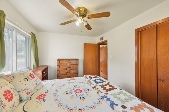 bedroom with ceiling fan and a closet