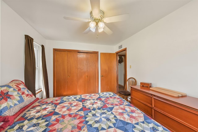 bedroom with ceiling fan and a closet