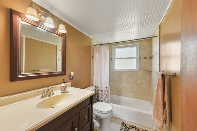 full bathroom featuring toilet, wood ceiling, vanity, shower / bath combo, and tile patterned flooring