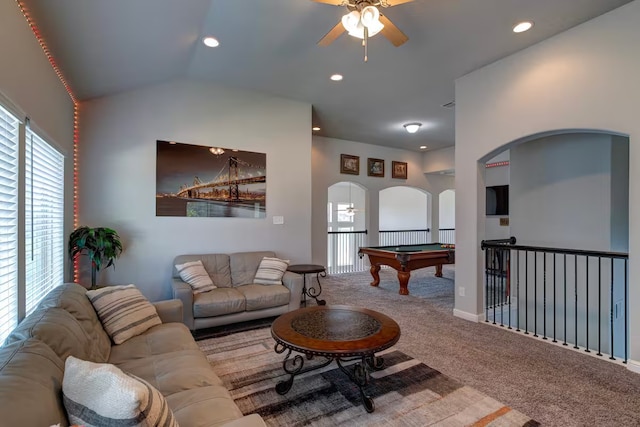 carpeted living room with ceiling fan, pool table, and lofted ceiling