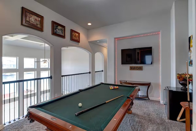 playroom featuring pool table, ceiling fan, and carpet flooring