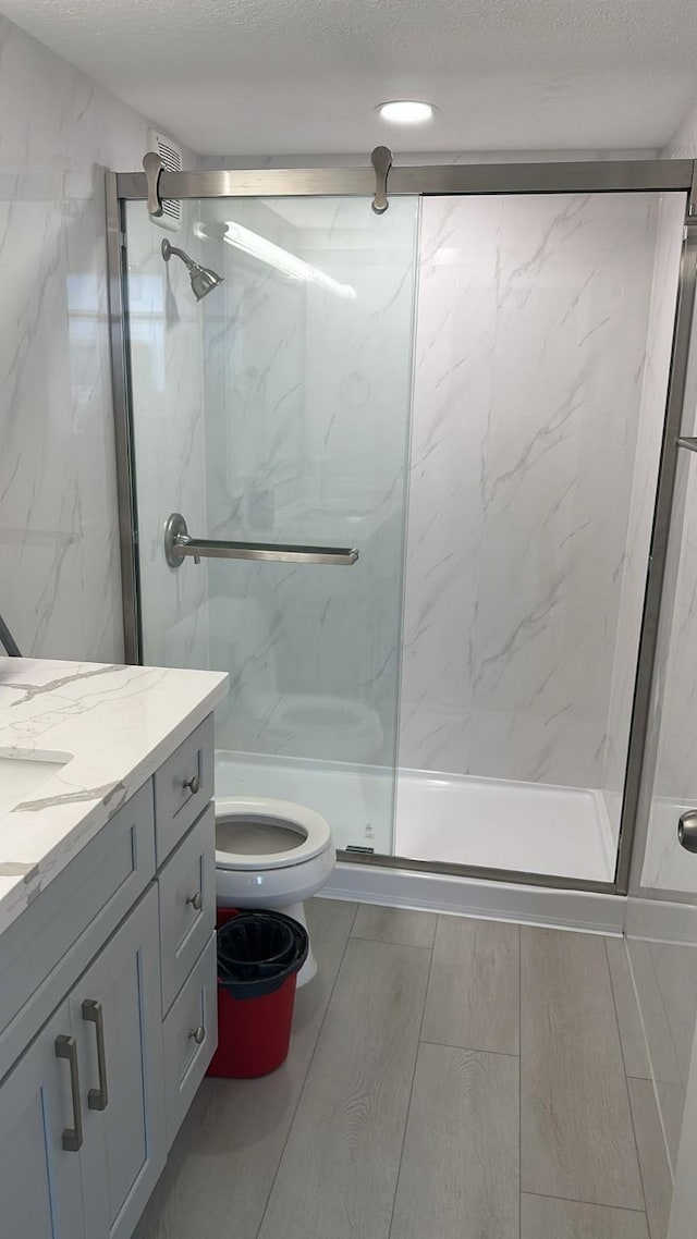 bathroom with vanity, toilet, a textured ceiling, and a shower with shower door