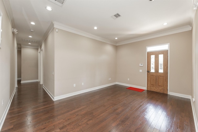 entryway featuring crown molding and dark hardwood / wood-style flooring