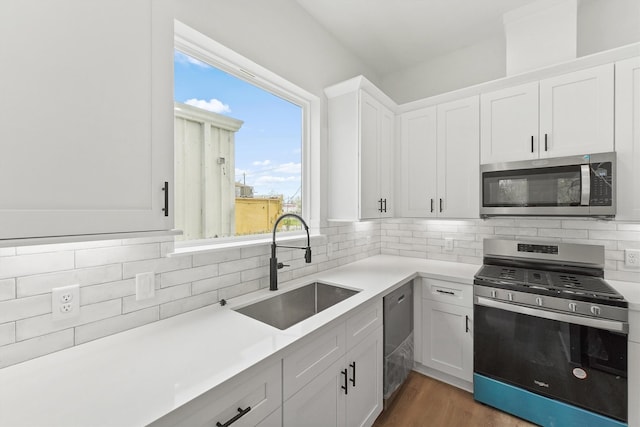 kitchen featuring white cabinetry, stainless steel appliances, sink, and tasteful backsplash