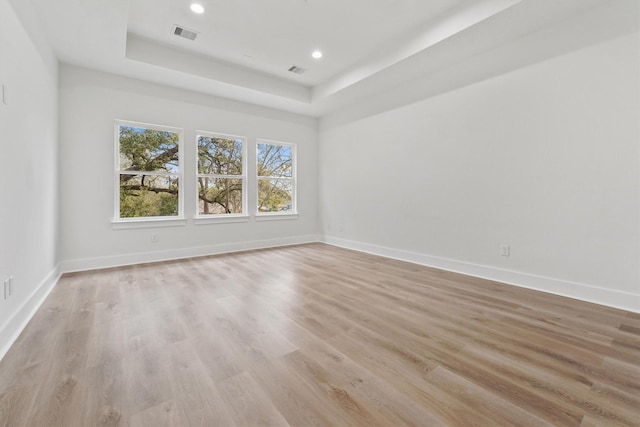 unfurnished room featuring a raised ceiling and light hardwood / wood-style floors