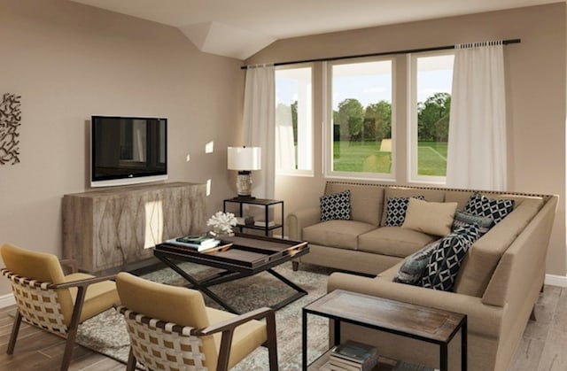 living room with light hardwood / wood-style flooring and vaulted ceiling