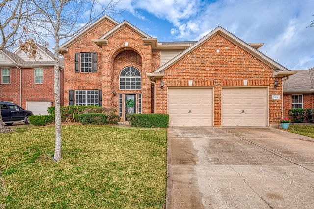 traditional-style home with brick siding, a garage, concrete driveway, and a front lawn