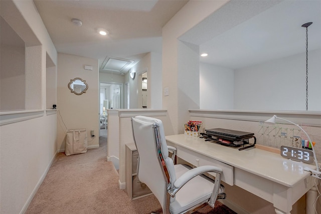 office featuring attic access, recessed lighting, carpet, and baseboards