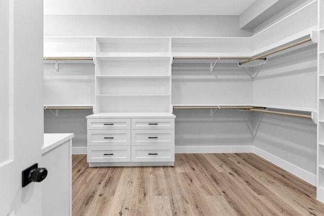 walk in closet with light hardwood / wood-style floors