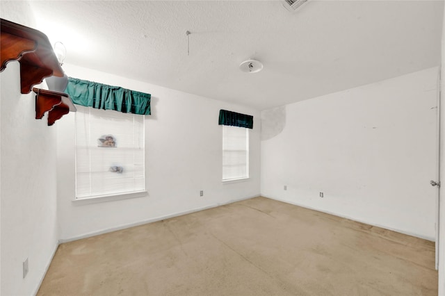 empty room featuring light carpet and a textured ceiling