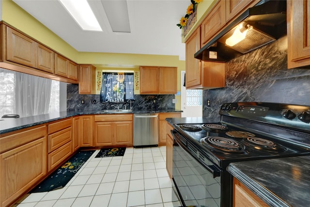 kitchen featuring light tile patterned flooring, sink, black electric range oven, decorative backsplash, and stainless steel dishwasher