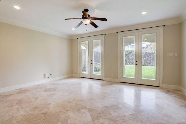 unfurnished room featuring ornamental molding, french doors, and ceiling fan